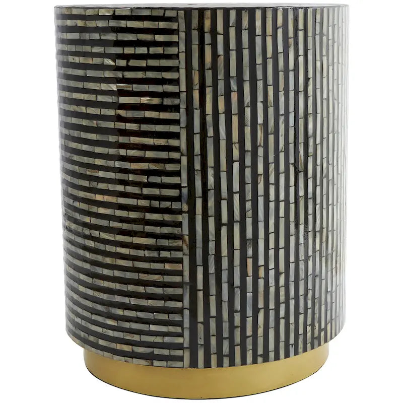 Mother of Pearl Shell Accent Table with Gold Base and Geometric Patterns - White, Gray or Black