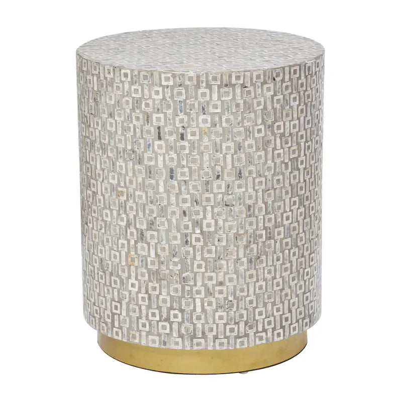 Mother of Pearl Shell Accent Table with Gold Base and Geometric Patterns - White, Gray or Black