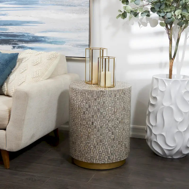 Mother of Pearl Shell Accent Table with Gold Base and Geometric Patterns - White, Gray or Black