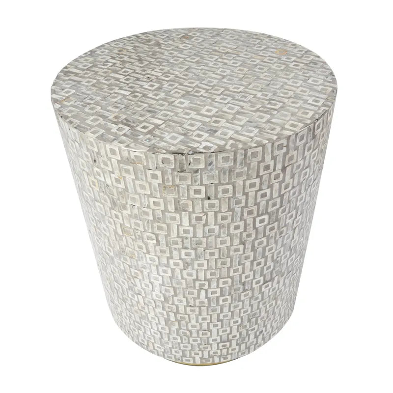 Mother of Pearl Shell Accent Table with Gold Base and Geometric Patterns - White, Gray or Black