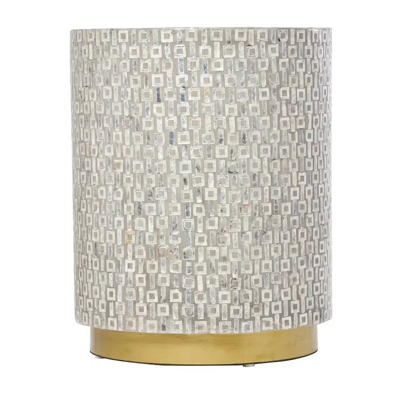 Mother of Pearl Shell Accent Table with Gold Base and Geometric Patterns - White, Gray or Black