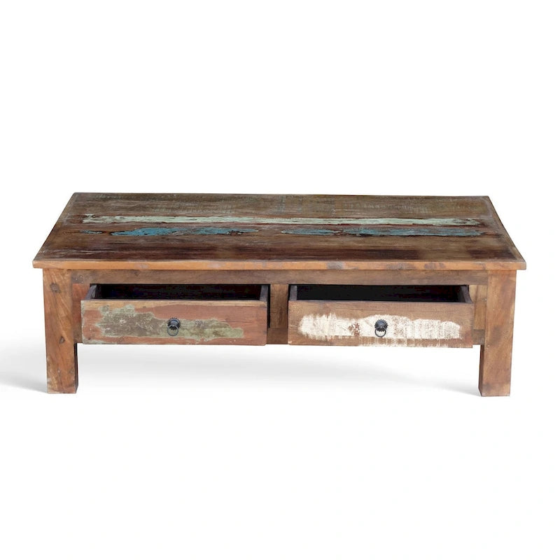 Handmade Reclaimed Saal Wood Coffee Table with Double Drawers