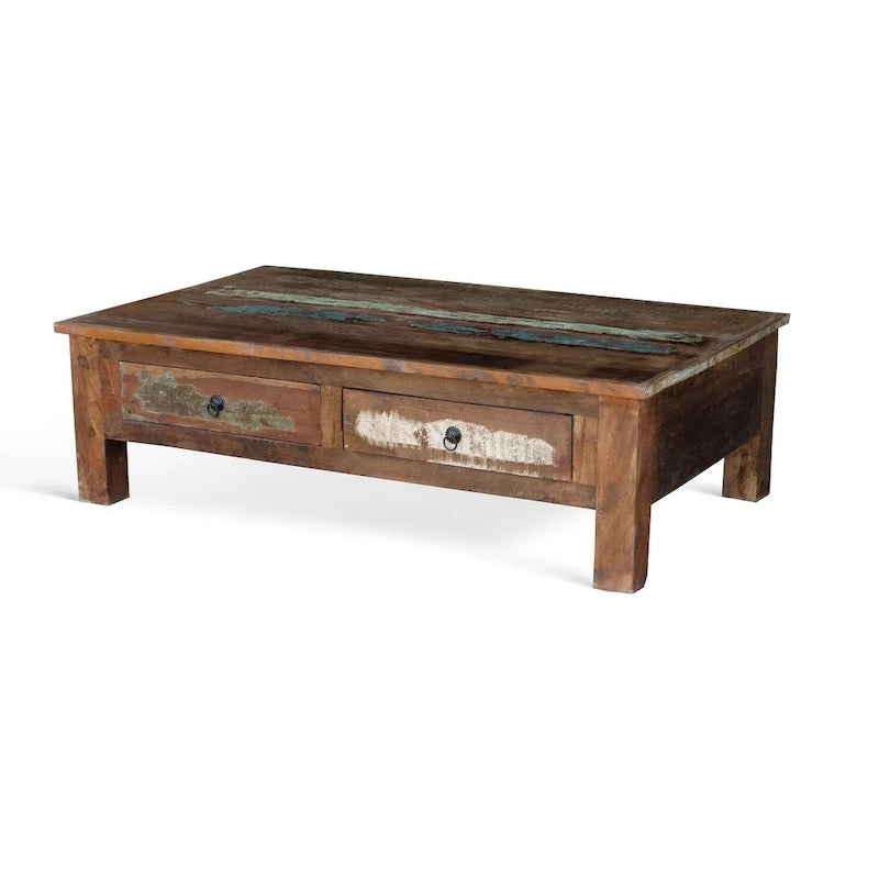 Handmade Reclaimed Saal Wood Coffee Table with Double Drawers