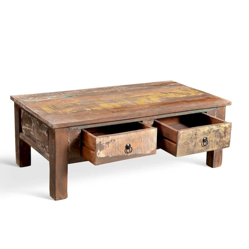 Handmade Reclaimed Saal Wood Coffee Table with Double Drawers