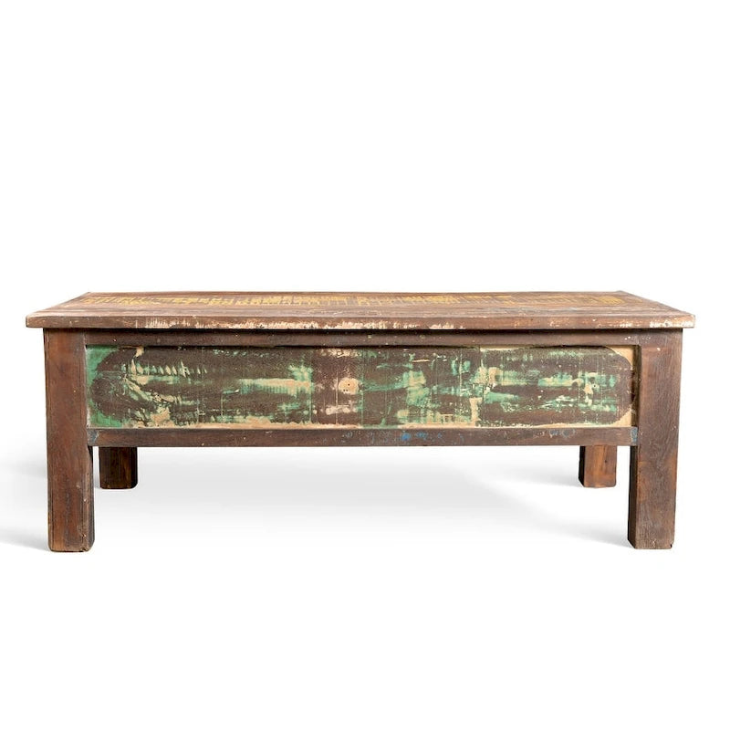 Handmade Reclaimed Saal Wood Coffee Table with Double Drawers
