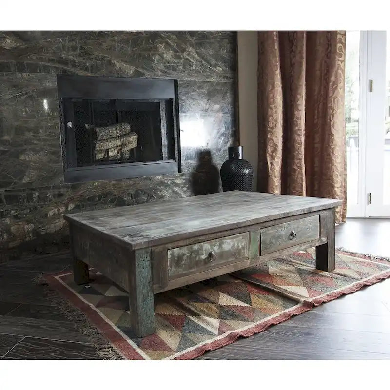 Handmade Reclaimed Saal Wood Coffee Table with Double Drawers