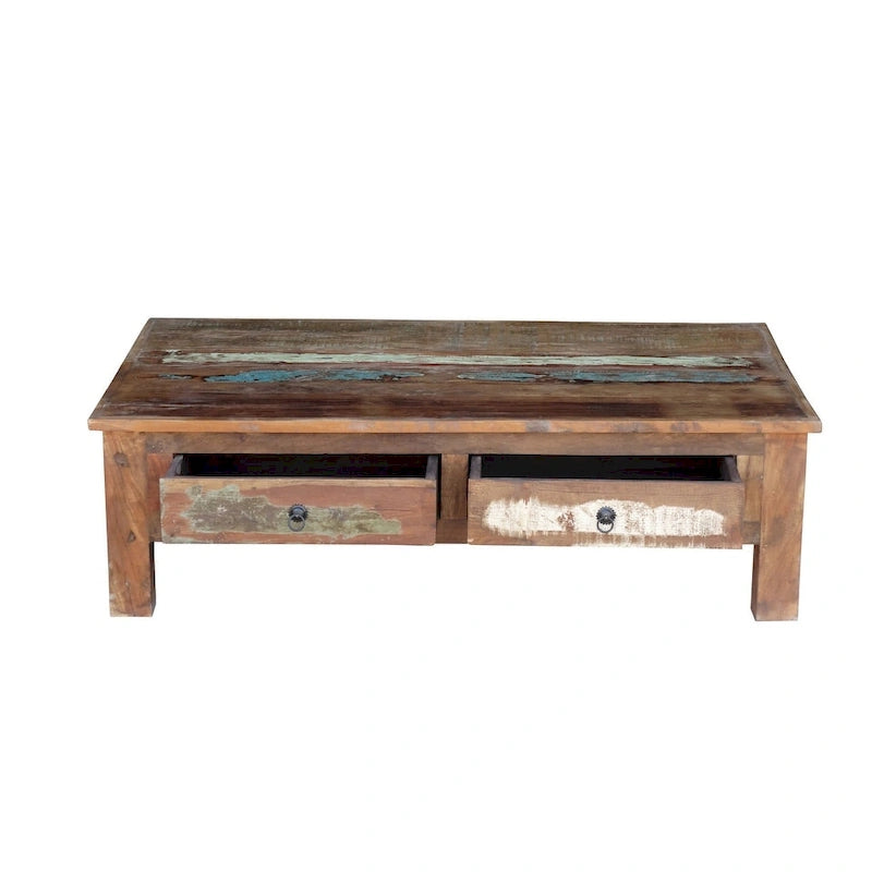 Handmade Reclaimed Saal Wood Coffee Table with Double Drawers
