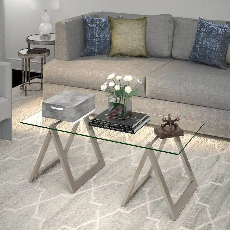 Sawhorse Leg Tempered Glass Coffee Table - Optional Finishes