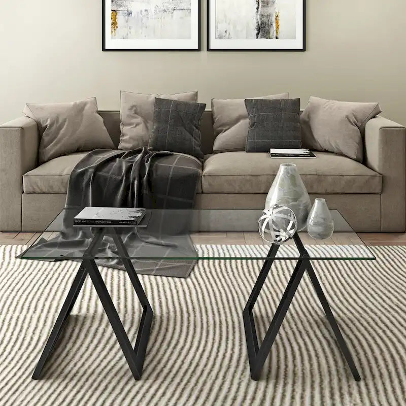 Sawhorse Leg Tempered Glass Coffee Table - Optional Finishes