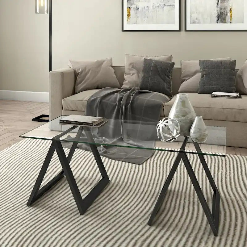 Sawhorse Leg Tempered Glass Coffee Table - Optional Finishes