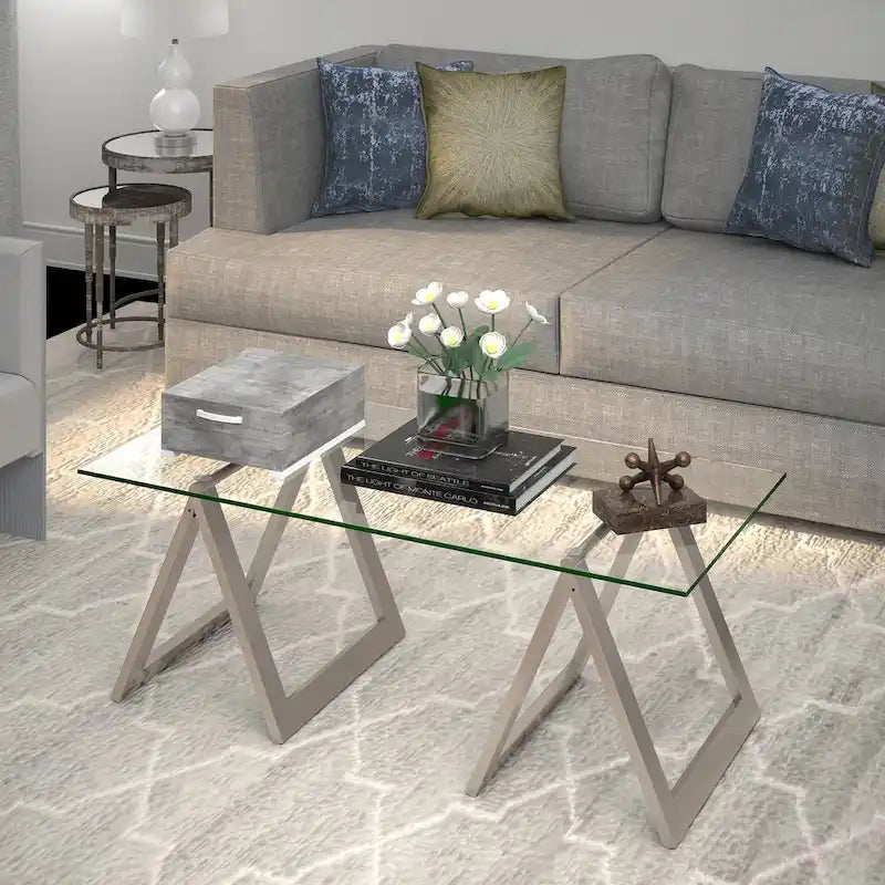 Sawhorse Leg Tempered Glass Coffee Table - Optional Finishes