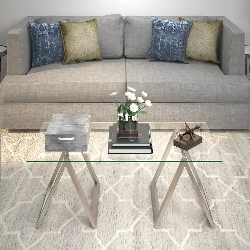 Sawhorse Leg Tempered Glass Coffee Table - Optional Finishes