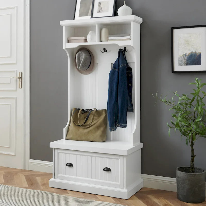 Coastal Cottage Hall Tree with Bench, Drawer and Hooks - 31.5W x 15.75D x 64.25H