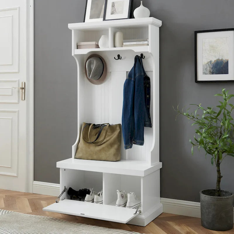 Coastal Cottage Hall Tree with Bench, Drawer and Hooks - 31.5W x 15.75D x 64.25H