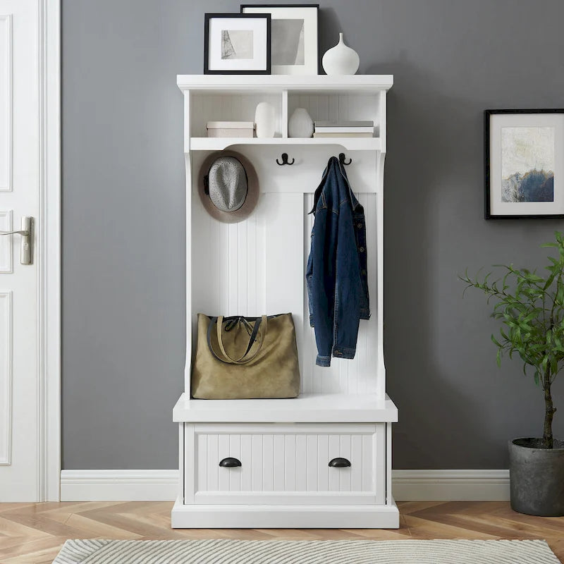 Coastal Cottage Hall Tree with Bench, Drawer and Hooks - 31.5W x 15.75D x 64.25H