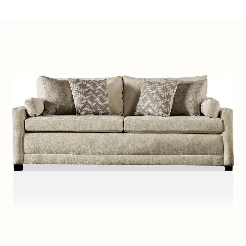 Transitional Beige Chenille Upholstered Sofa with Accent Pillows