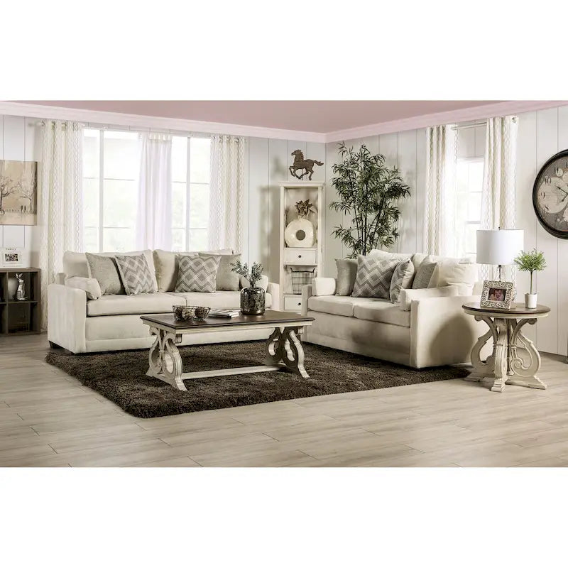 Transitional Beige Chenille Upholstered Sofa with Accent Pillows