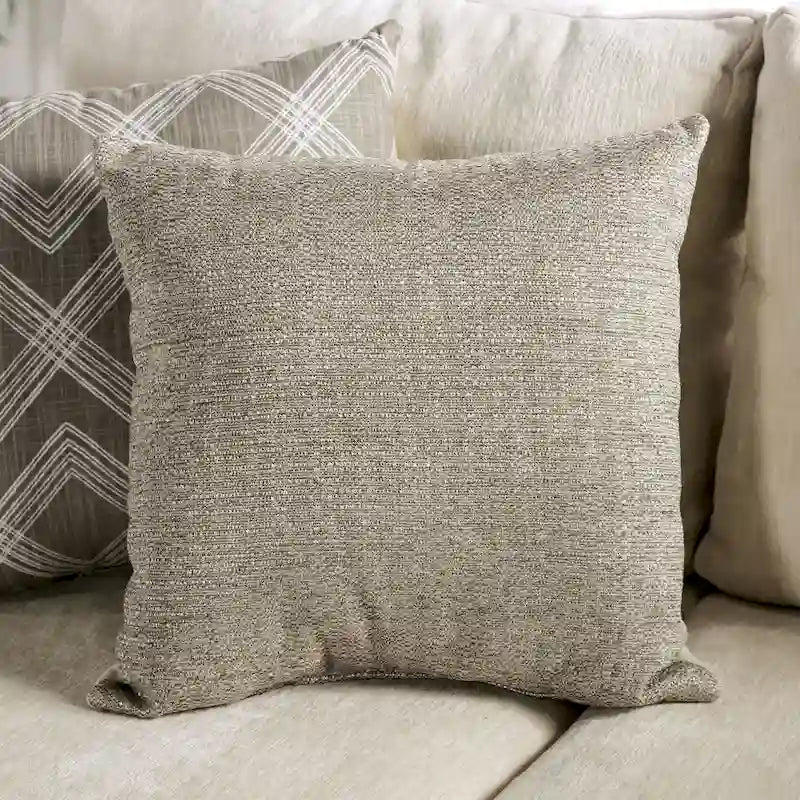 Transitional Beige Chenille Upholstered Sofa with Accent Pillows