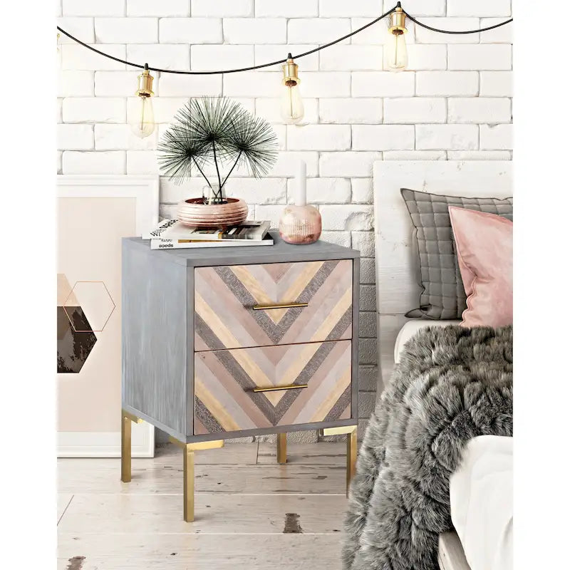 Chevron Side Table with Brushed Gold Hardware and Two Drawers
