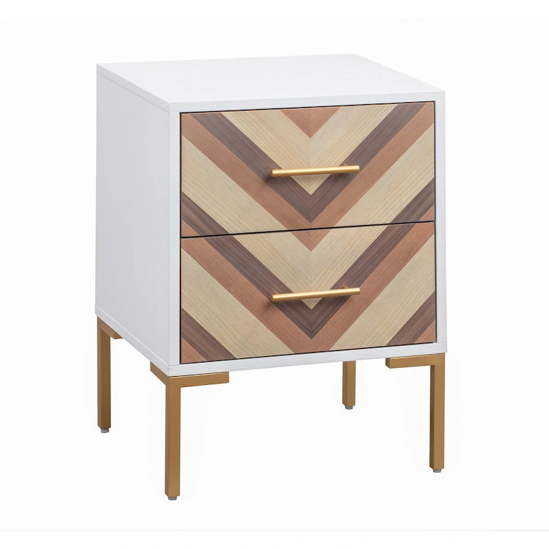 Chevron Side Table with Brushed Gold Hardware and Two Drawers