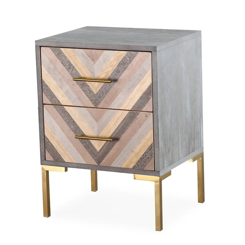 Chevron Side Table with Brushed Gold Hardware and Two Drawers