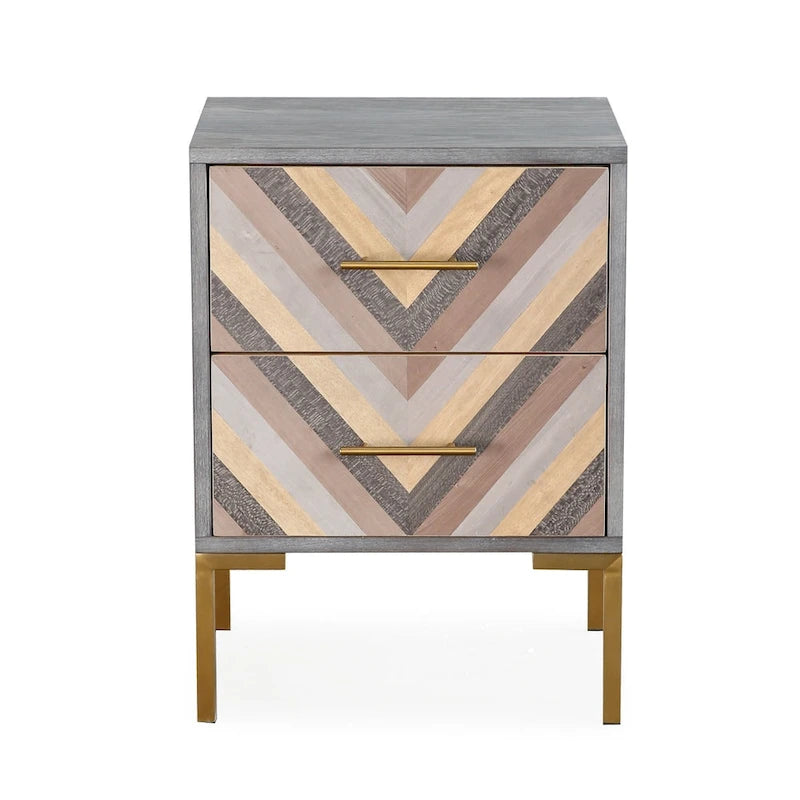 Chevron Side Table with Brushed Gold Hardware and Two Drawers