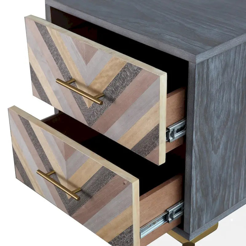 Chevron Side Table with Brushed Gold Hardware and Two Drawers