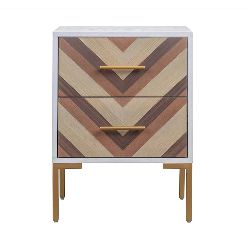 Chevron Side Table with Brushed Gold Hardware and Two Drawers