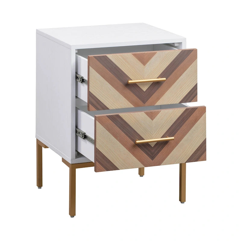 Chevron Side Table with Brushed Gold Hardware and Two Drawers