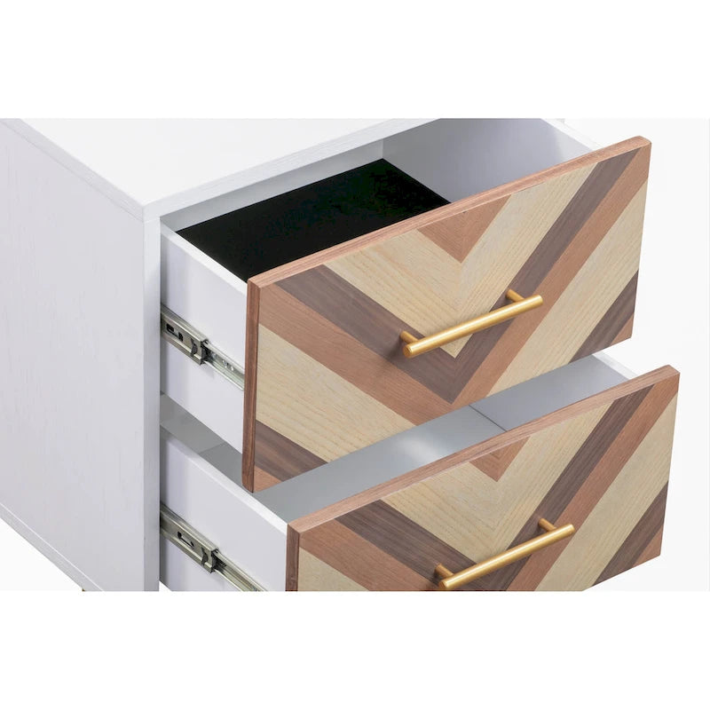 Chevron Side Table with Brushed Gold Hardware and Two Drawers