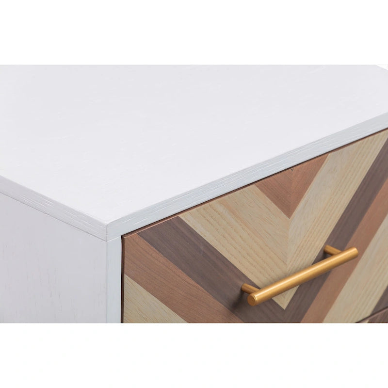 Chevron Side Table with Brushed Gold Hardware and Two Drawers