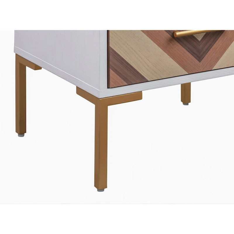 Chevron Side Table with Brushed Gold Hardware and Two Drawers