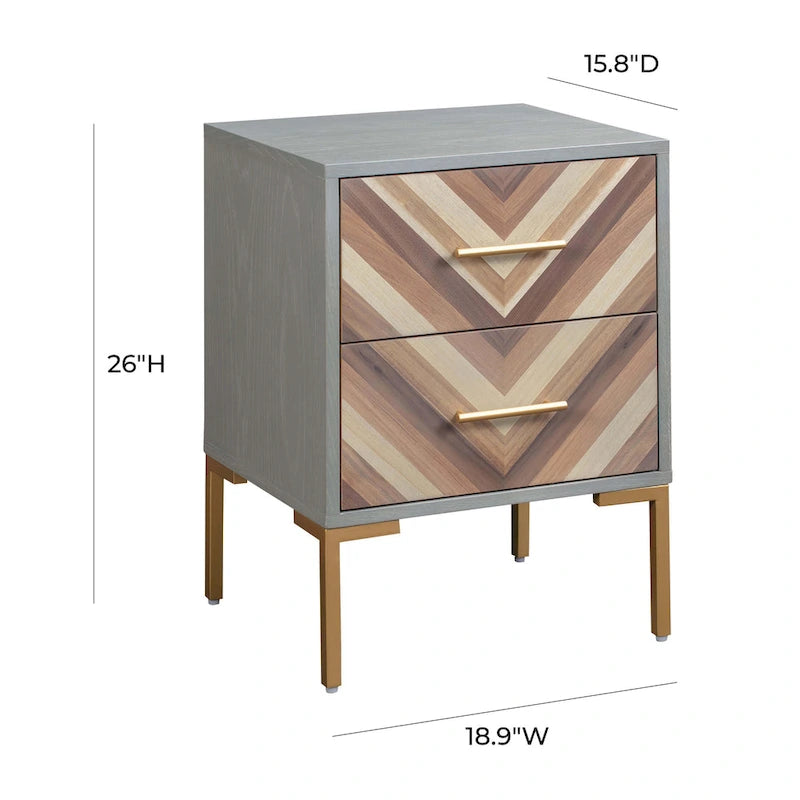 Chevron Side Table with Brushed Gold Hardware and Two Drawers