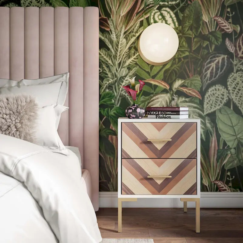 Chevron Side Table with Brushed Gold Hardware and Two Drawers