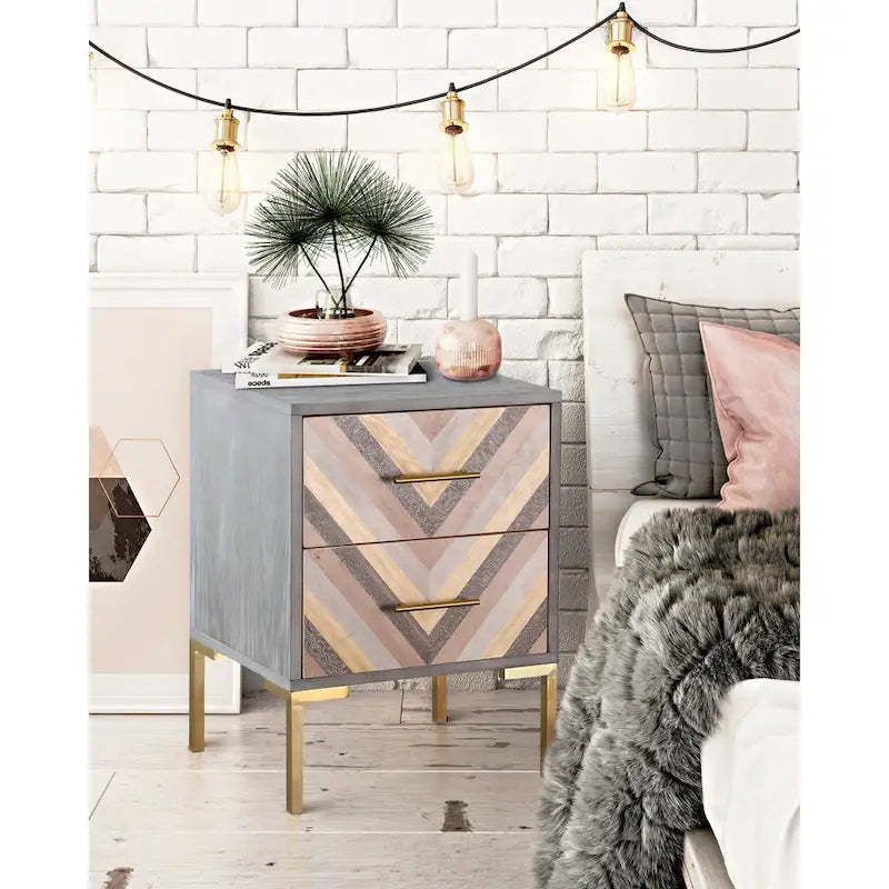 Chevron Side Table with Brushed Gold Hardware and Two Drawers