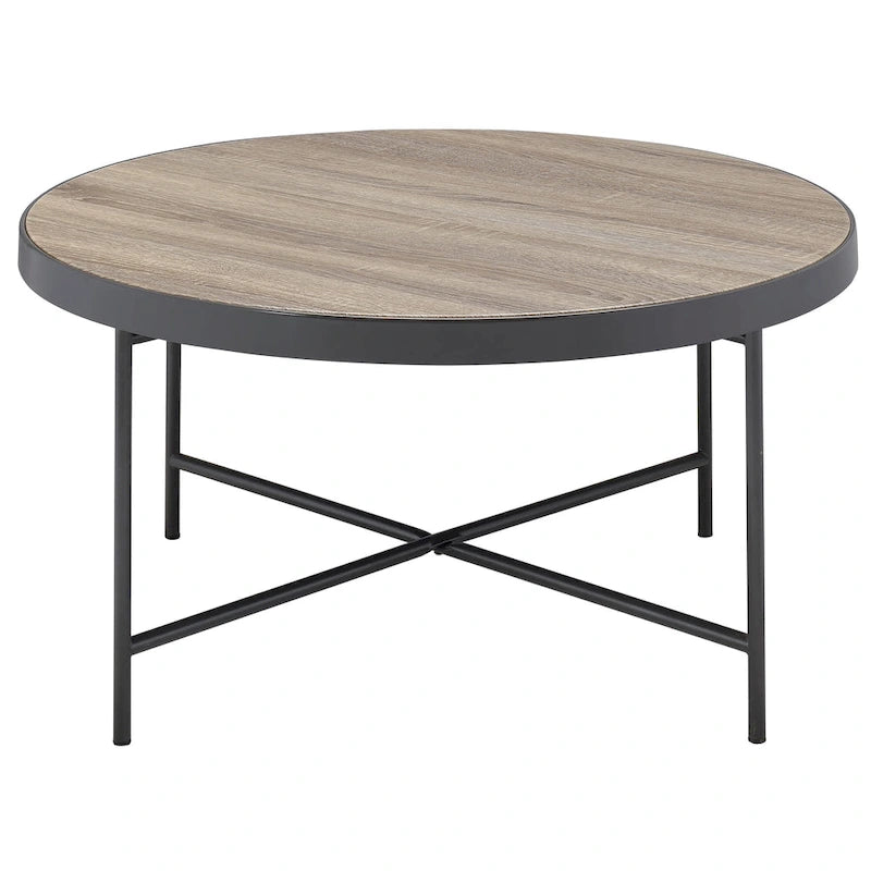 Round Coffee Table - Weathered Grey Oak and Black Metal Frame