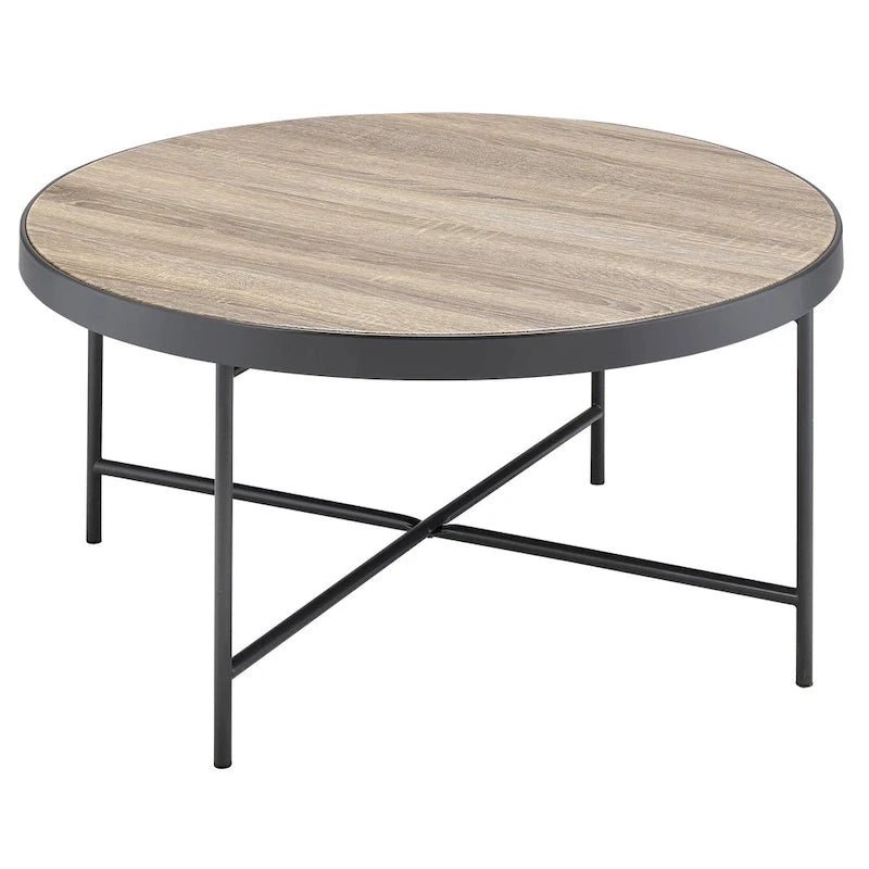Round Coffee Table - Weathered Grey Oak and Black Metal Frame