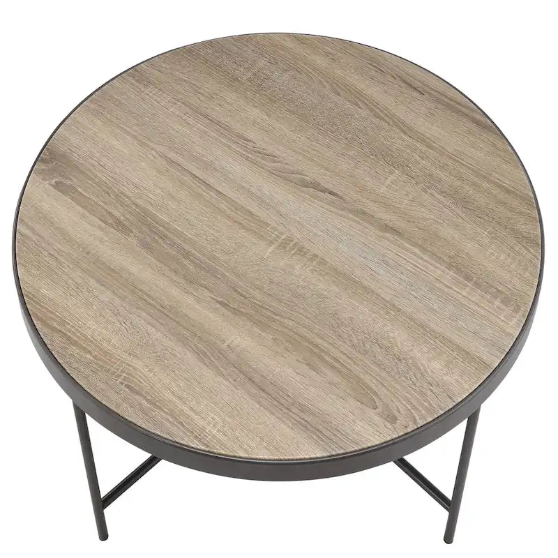 Round Coffee Table - Weathered Grey Oak and Black Metal Frame