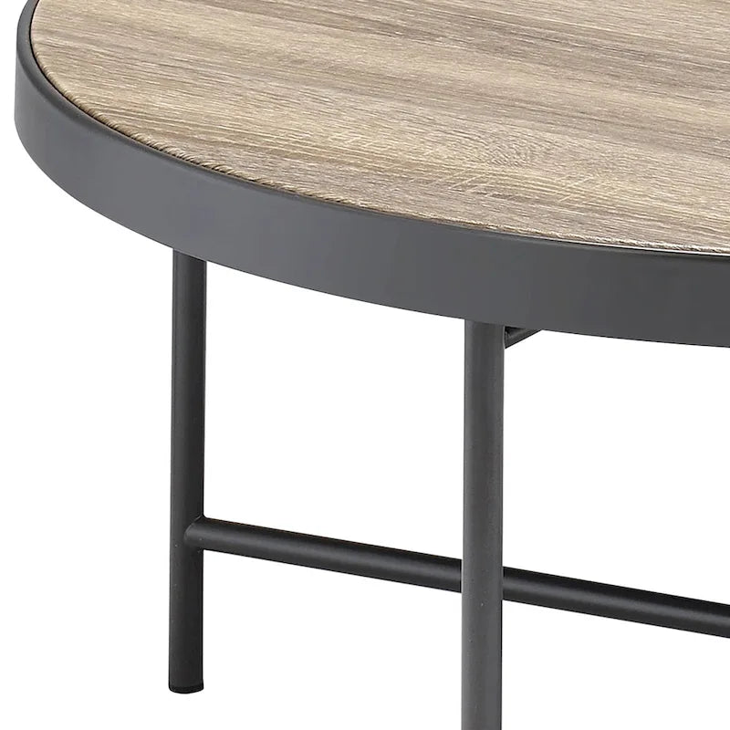 Round Coffee Table - Weathered Grey Oak and Black Metal Frame