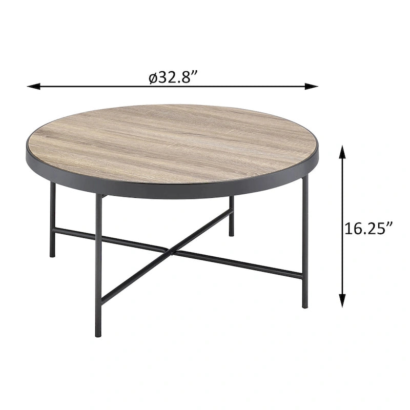 Round Coffee Table - Weathered Grey Oak and Black Metal Frame