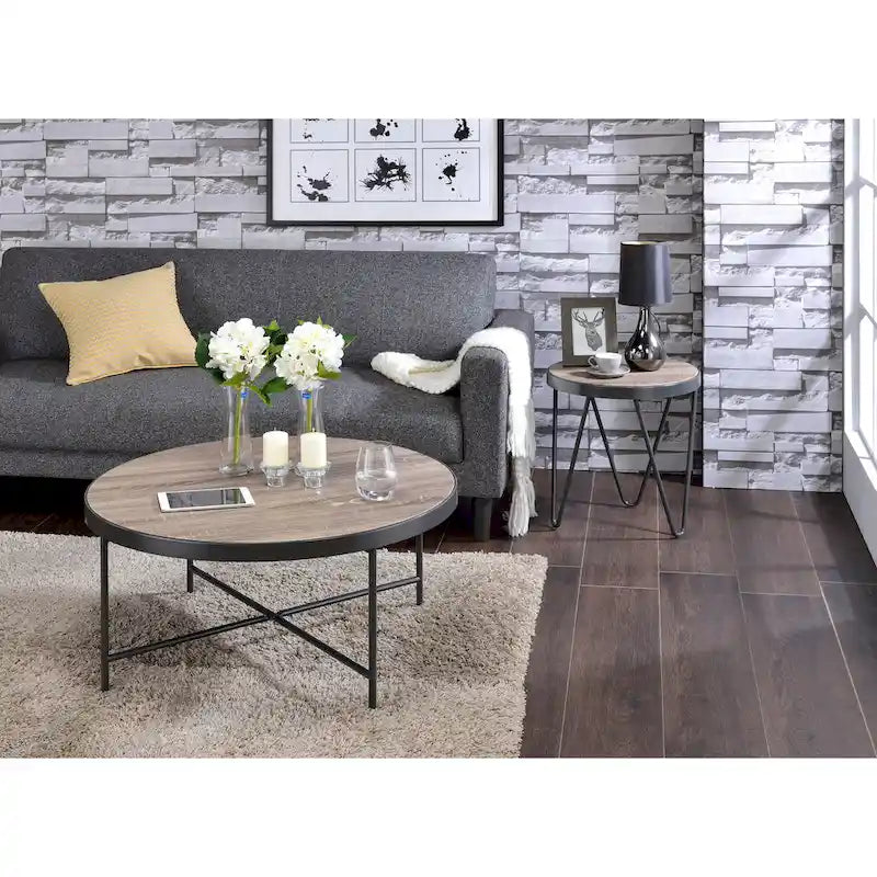 Round Coffee Table - Weathered Grey Oak and Black Metal Frame