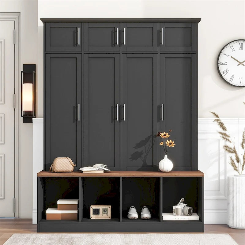 Multi-Functional Hall Tree with 4 Hidden Hooks and Wood Grain Bench