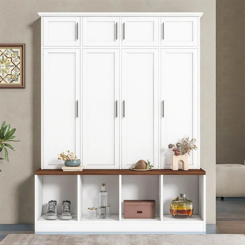 Multi-Functional Hall Tree with 4 Hidden Hooks and Wood Grain Bench