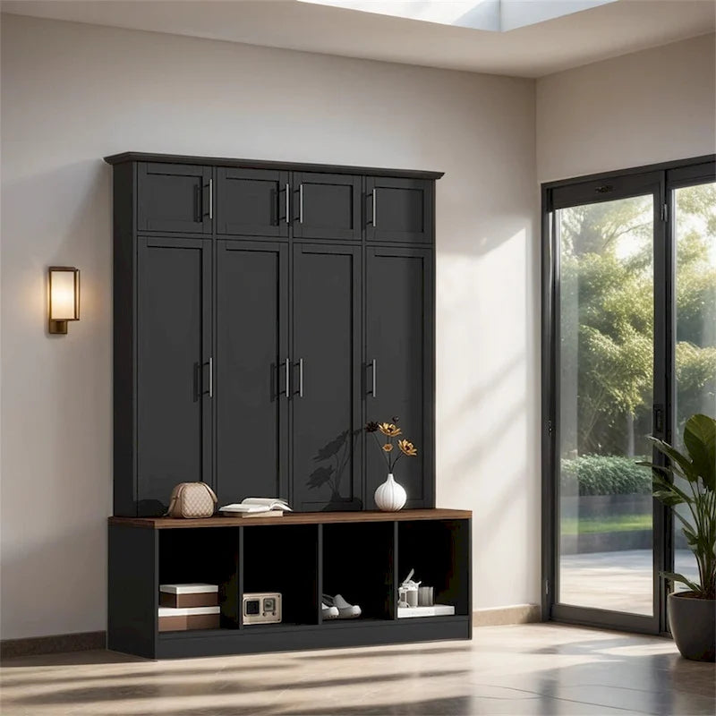 Multi-Functional Hall Tree with 4 Hidden Hooks and Wood Grain Bench