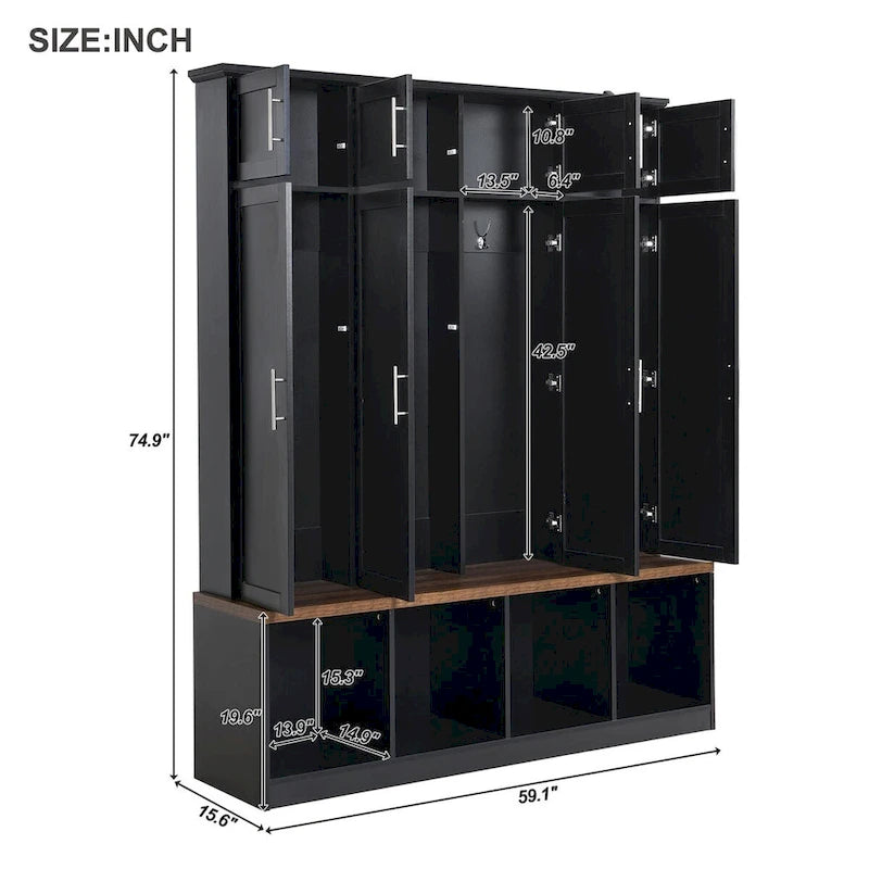 Multi-Functional Hall Tree with 4 Hidden Hooks and Wood Grain Bench