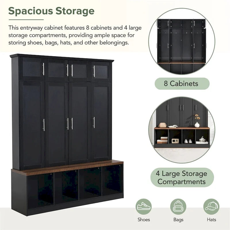 Multi-Functional Hall Tree with 4 Hidden Hooks and Wood Grain Bench