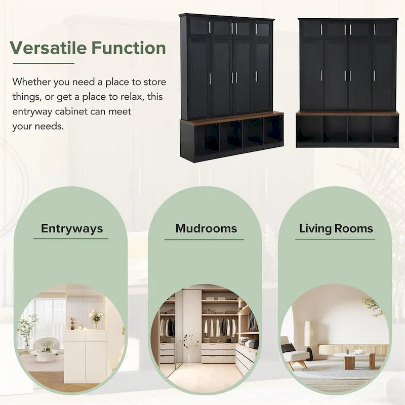 Multi-Functional Hall Tree with 4 Hidden Hooks and Wood Grain Bench