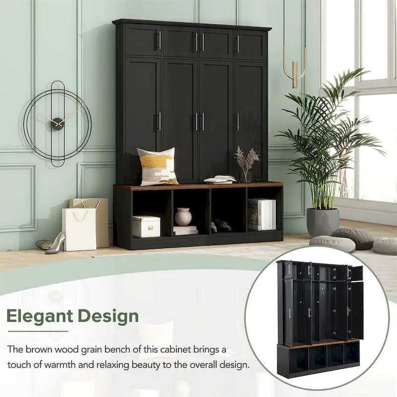Multi-Functional Hall Tree with 4 Hidden Hooks and Wood Grain Bench