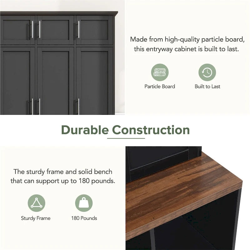Multi-Functional Hall Tree with 4 Hidden Hooks and Wood Grain Bench