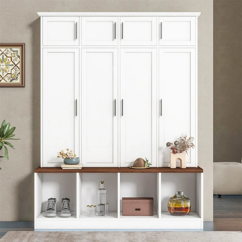 Multi-Functional Hall Tree with 4 Hidden Hooks and Wood Grain Bench